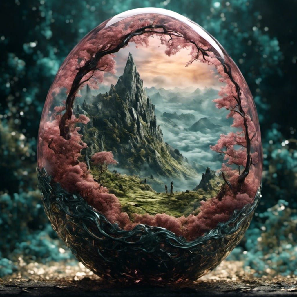 mountains surrealistic scape within a egg