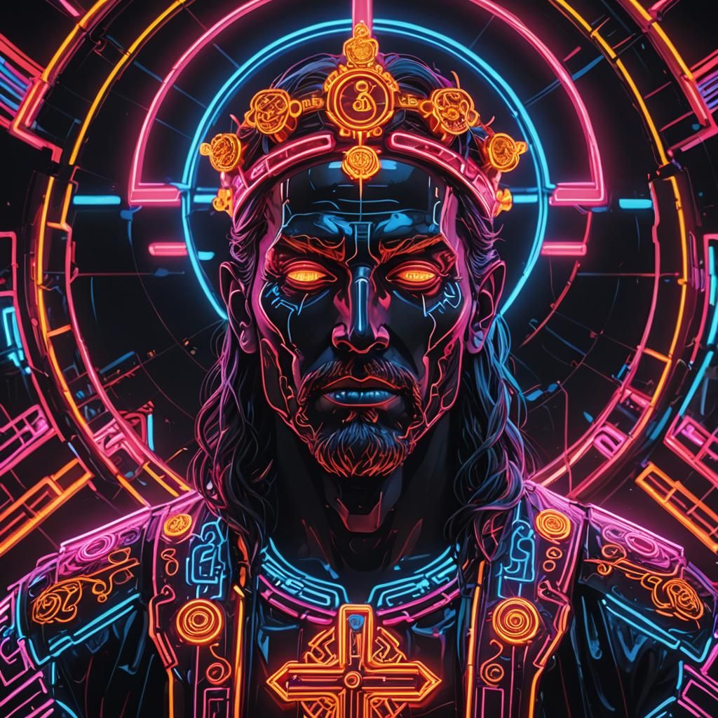 Radiant Neon God in Electric Hues