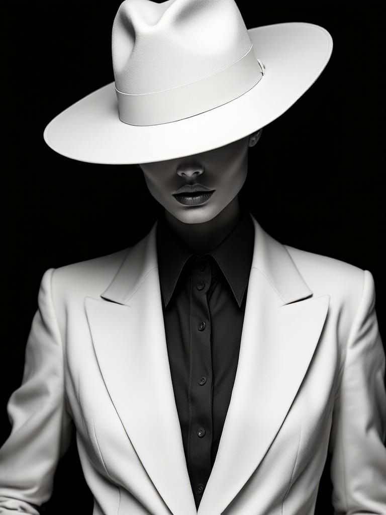 Sophisticated Woman in Ivory Suit Jacket with Wide-Brimmed F...