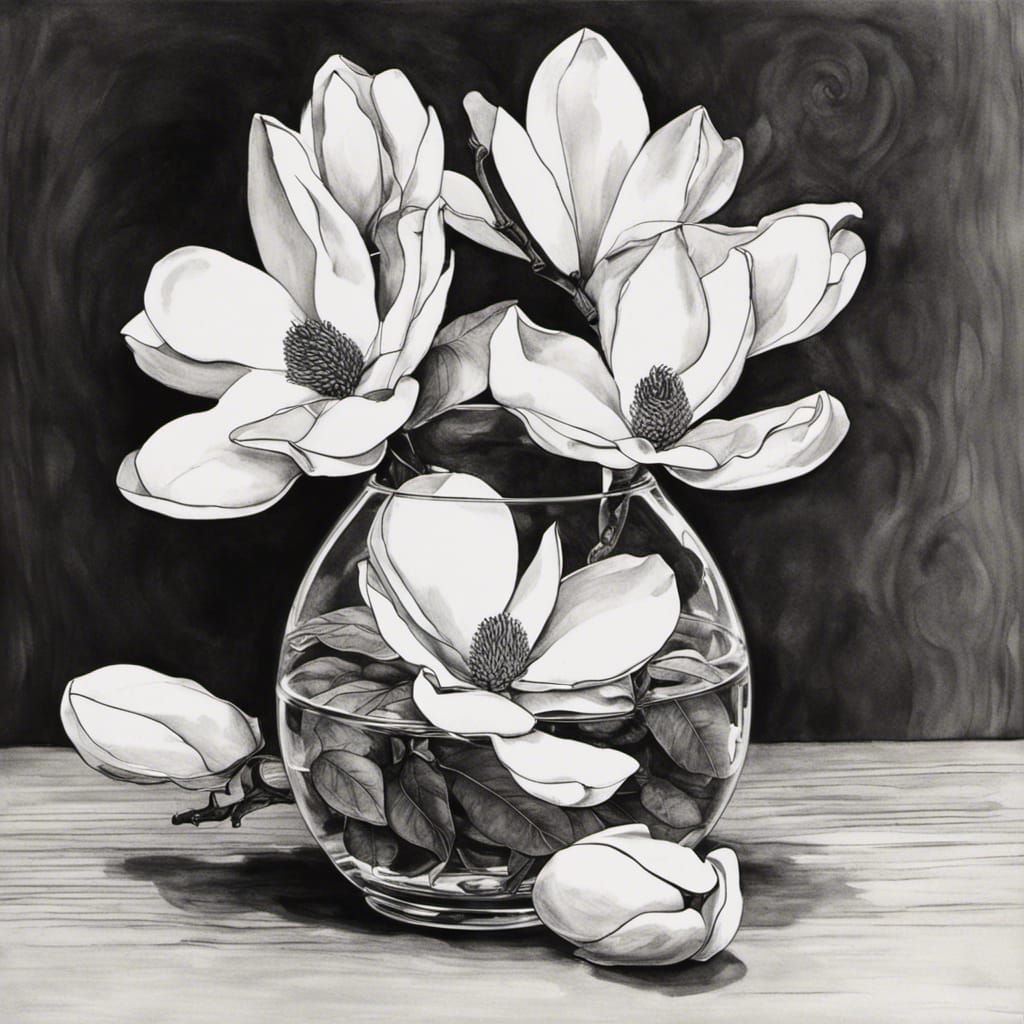Magnolia Flowers in Vase: Hyperrealistic Black and White Ink
