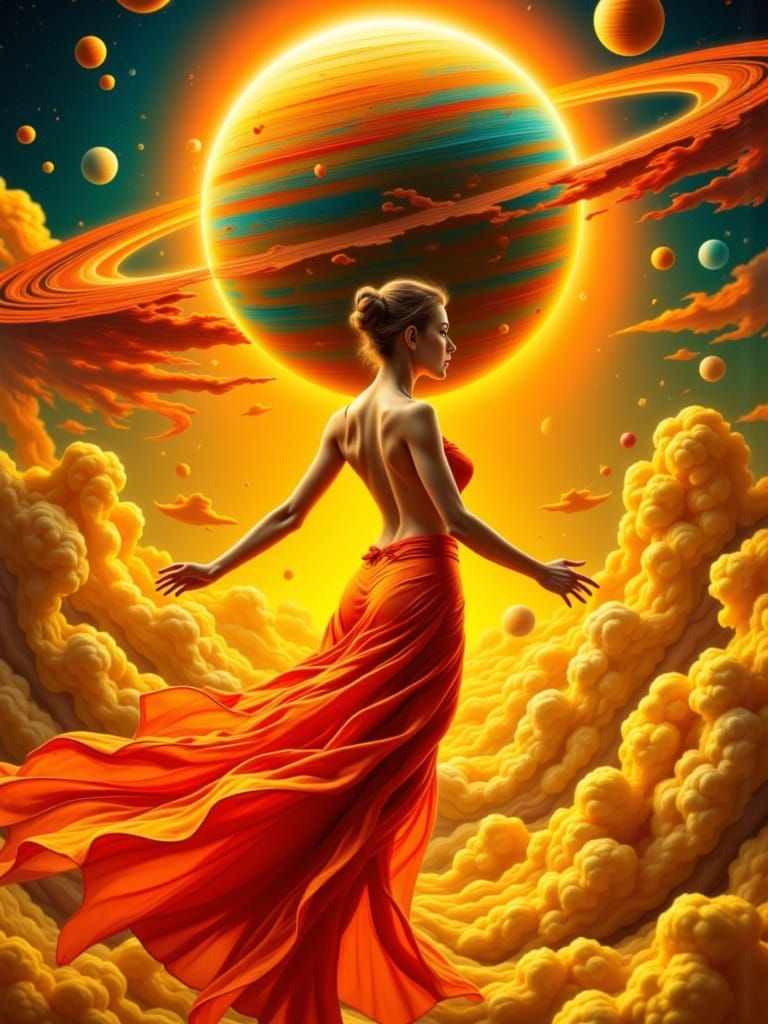 Serene Woman Floats Towards Planet in Airbrushed Style