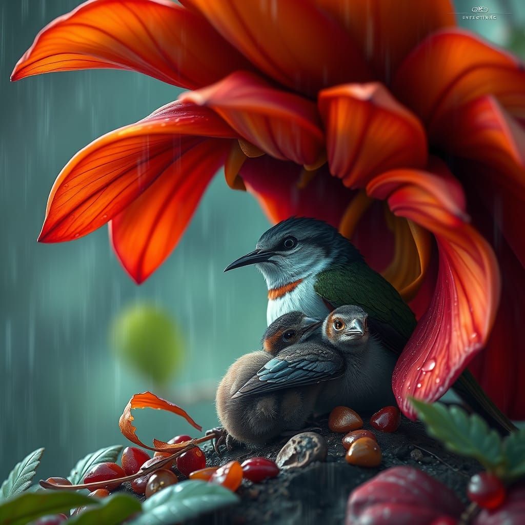 Bird Family Shelters Under Flower: Matte Painting Style
