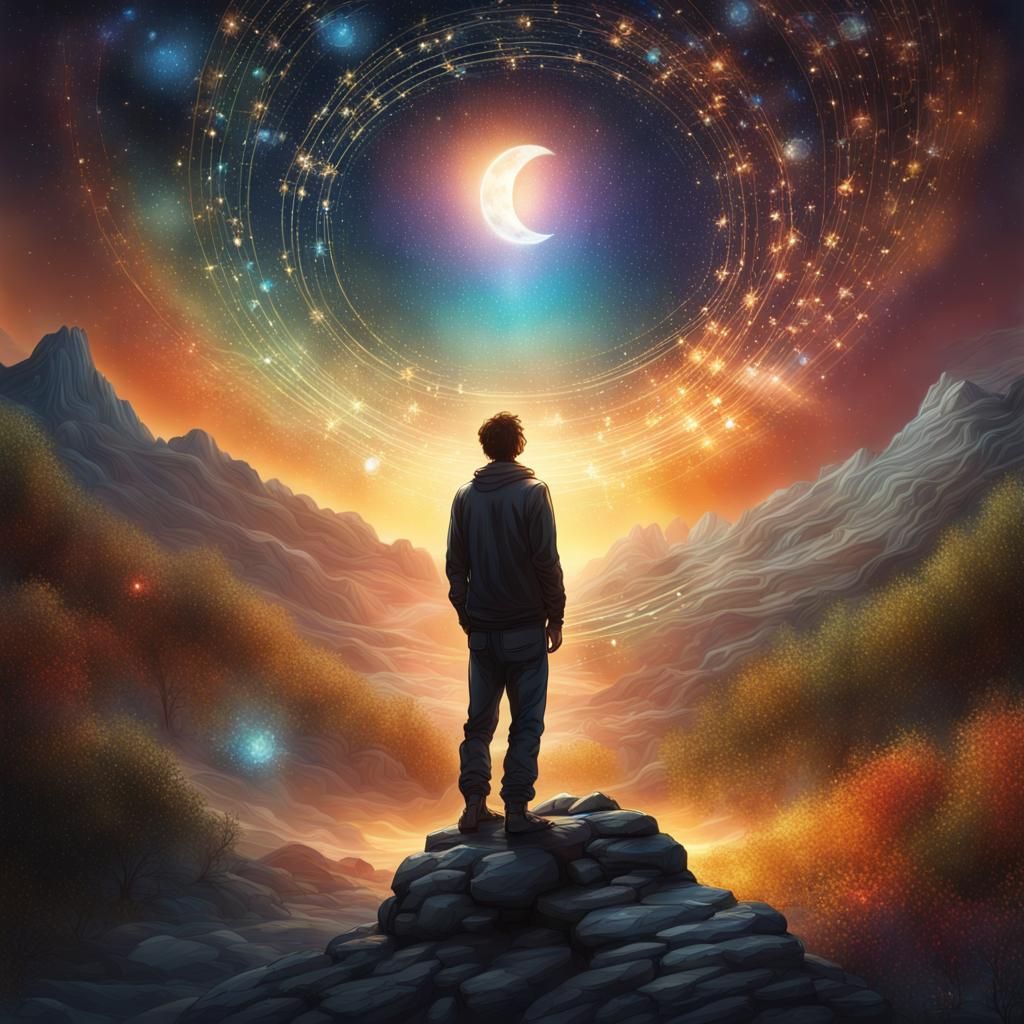 Man Watching Jeweled Stars in Fantasy Landscape