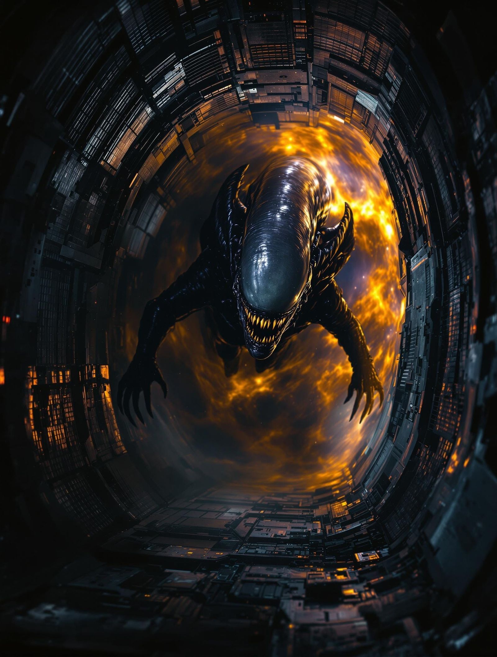 Xenomorph Emerges in Dilapidated Space Station, Hyperrealist...