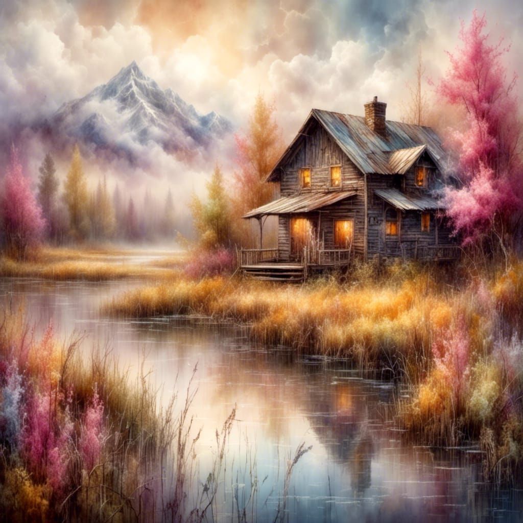 Spring Marsh Cabin Watercolor Painting