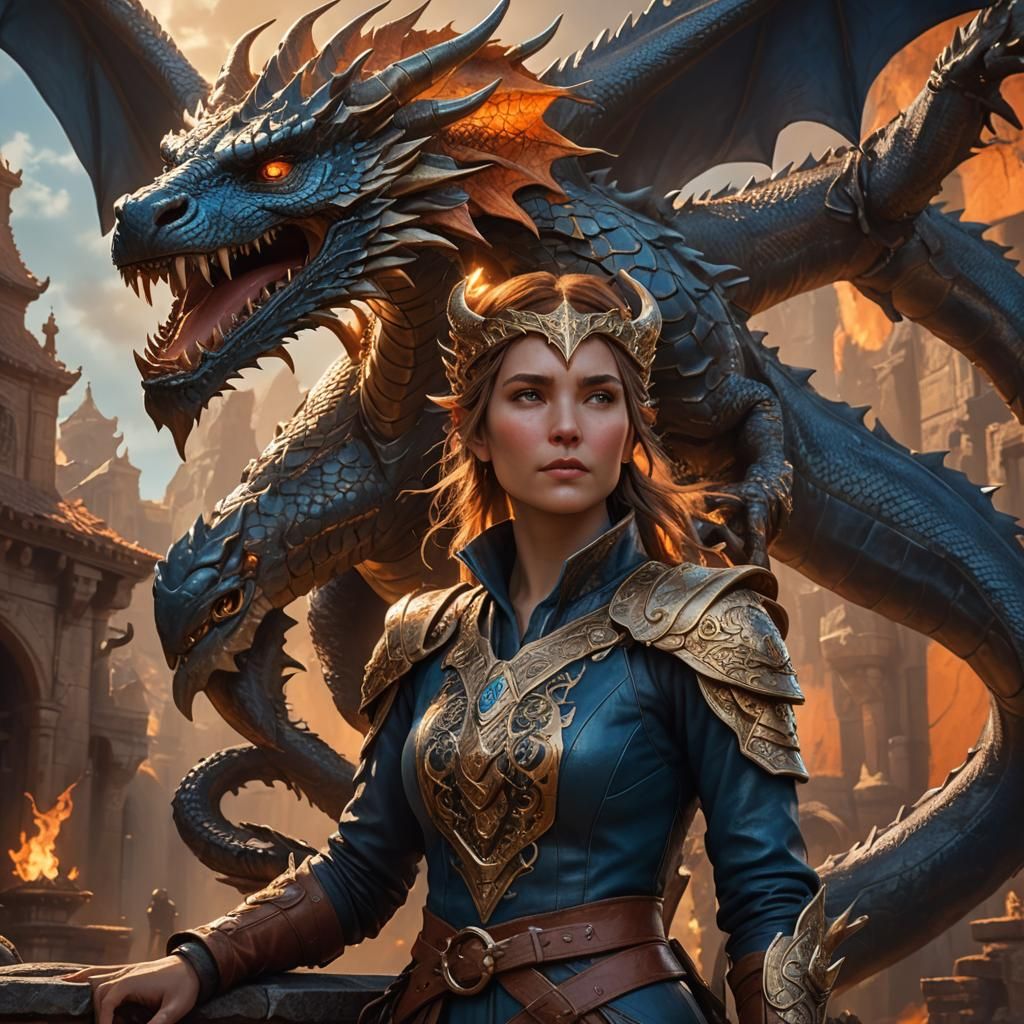 Leather Clad Woman with Dragon Head: Fantasy Art