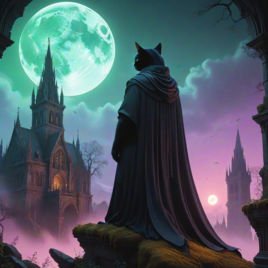 Gothic Cat Reigns Supreme in Moonlit Cathedral