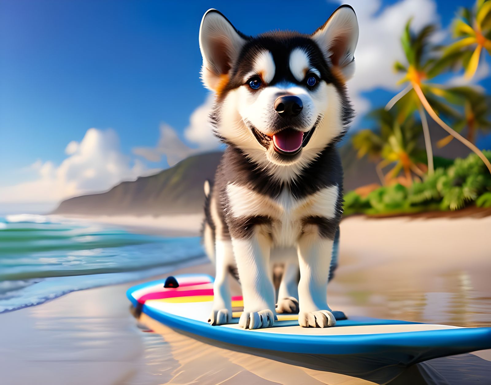 A super adorable husky puppies on a surfboard at the beach on a sunny day Professional photography, bokeh, natural light...