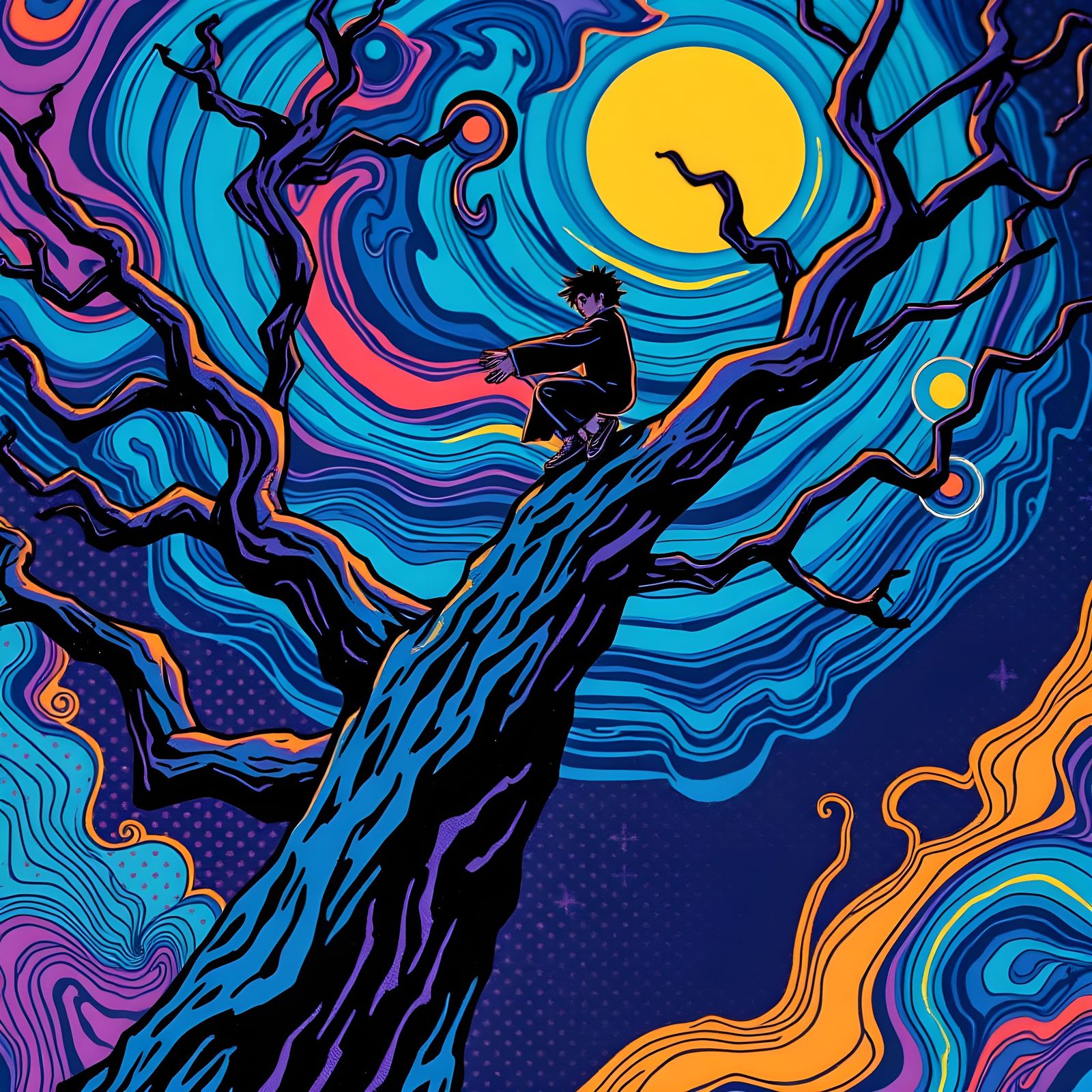 Psychedelic Poster Art with Figure on Tree