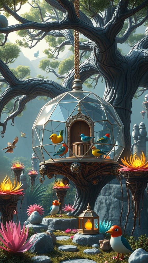 Futuristic Geodesic Birdhouse in Detailed Matte Painting Sty...