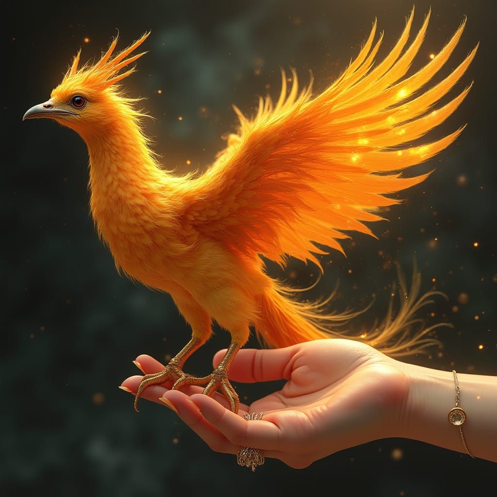 Majestic Phoenix on Delicate Finger in Warm Golden Light