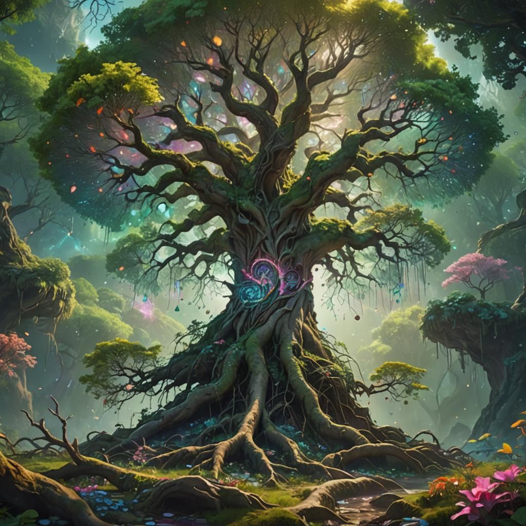 Mystical Tree of Life in Fantasy Landscape