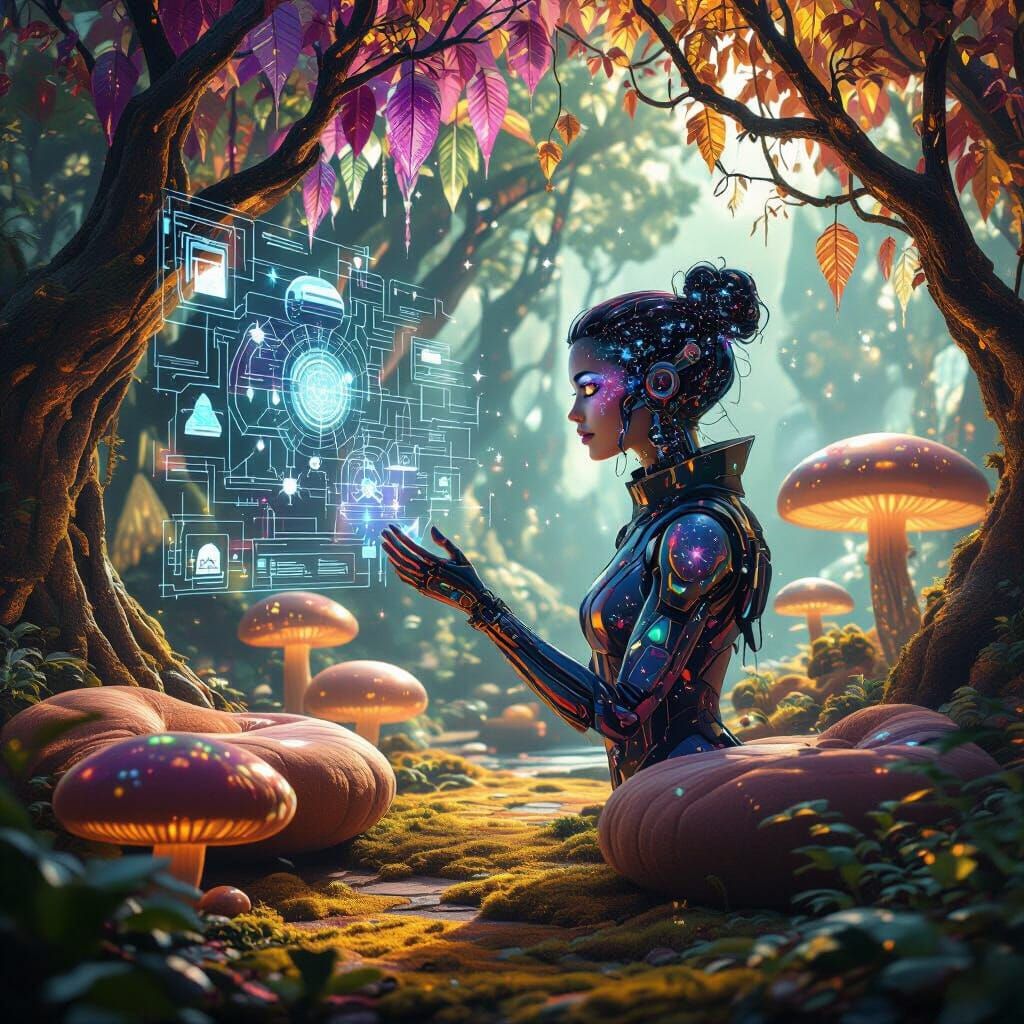 Utopian Sci-Fi Cityscape with Stardust Woman