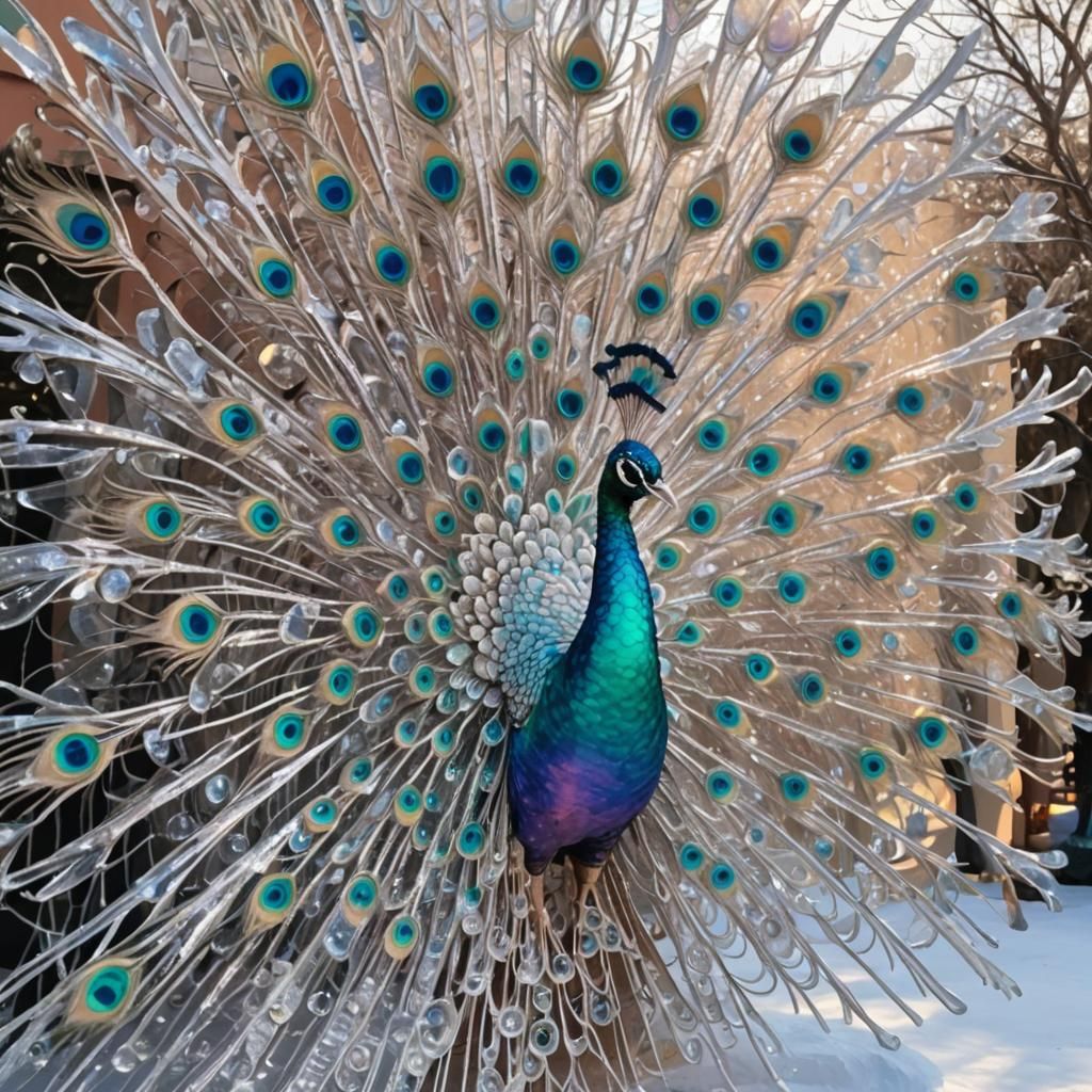 Rainbow Peacock Ice Sculpture in Sparkling Snow