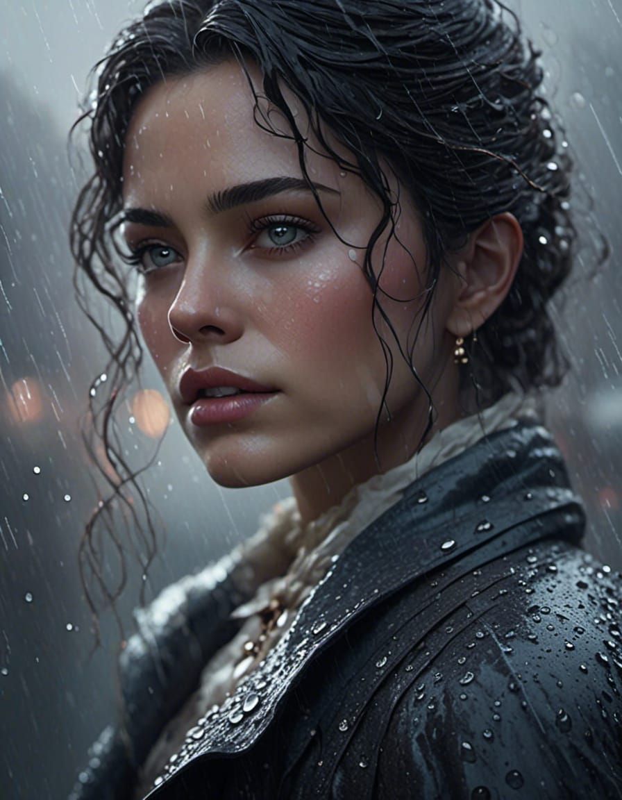 Animated Woman in Rainy City Street