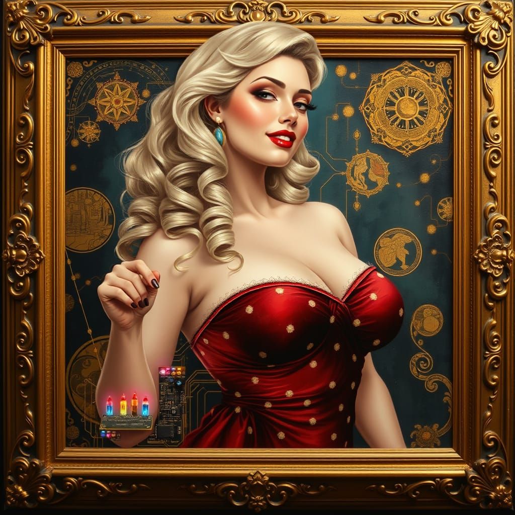 Golden Goddess of Circuits in Opulent Oil Painting