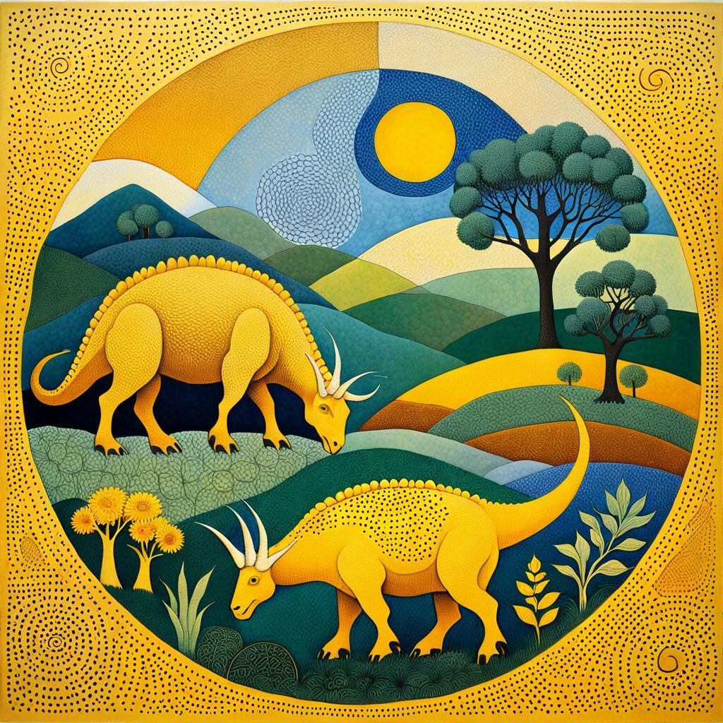 Abstract Yellow Dinosaurs in Celtic Expressionism