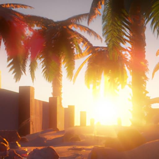 Tropical Sunset with Palm Trees and Lens Flare