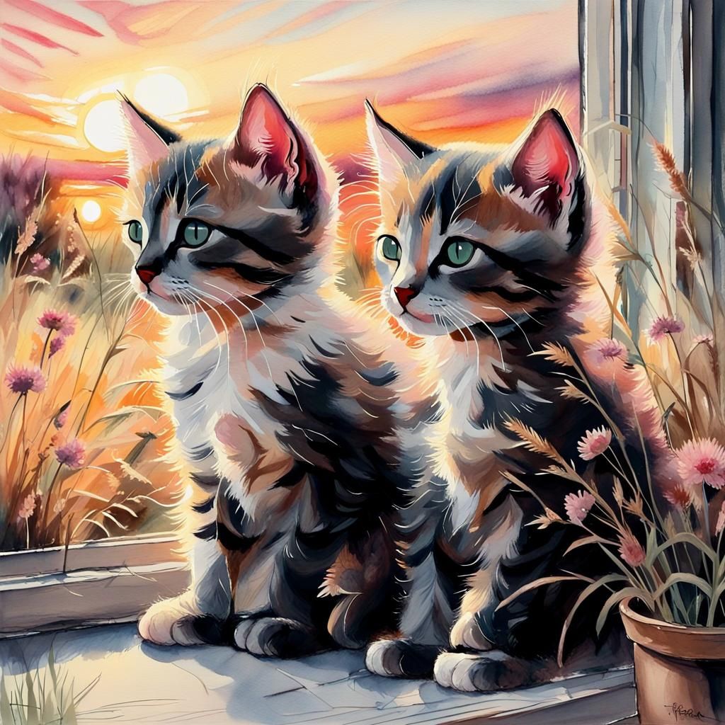 Kittens Gaze at Sunset in Watercolor Chalk Style