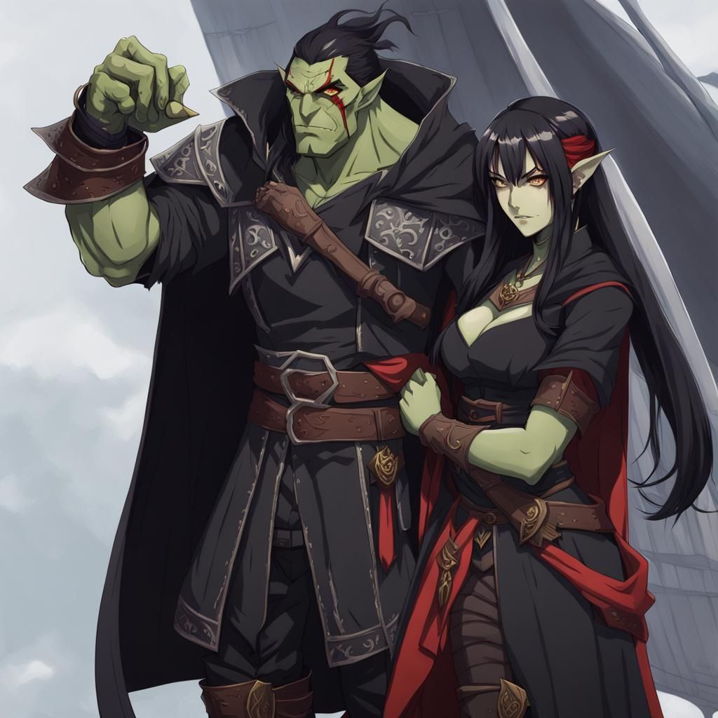 Anime Style Half Orc Couple on Airship Deck