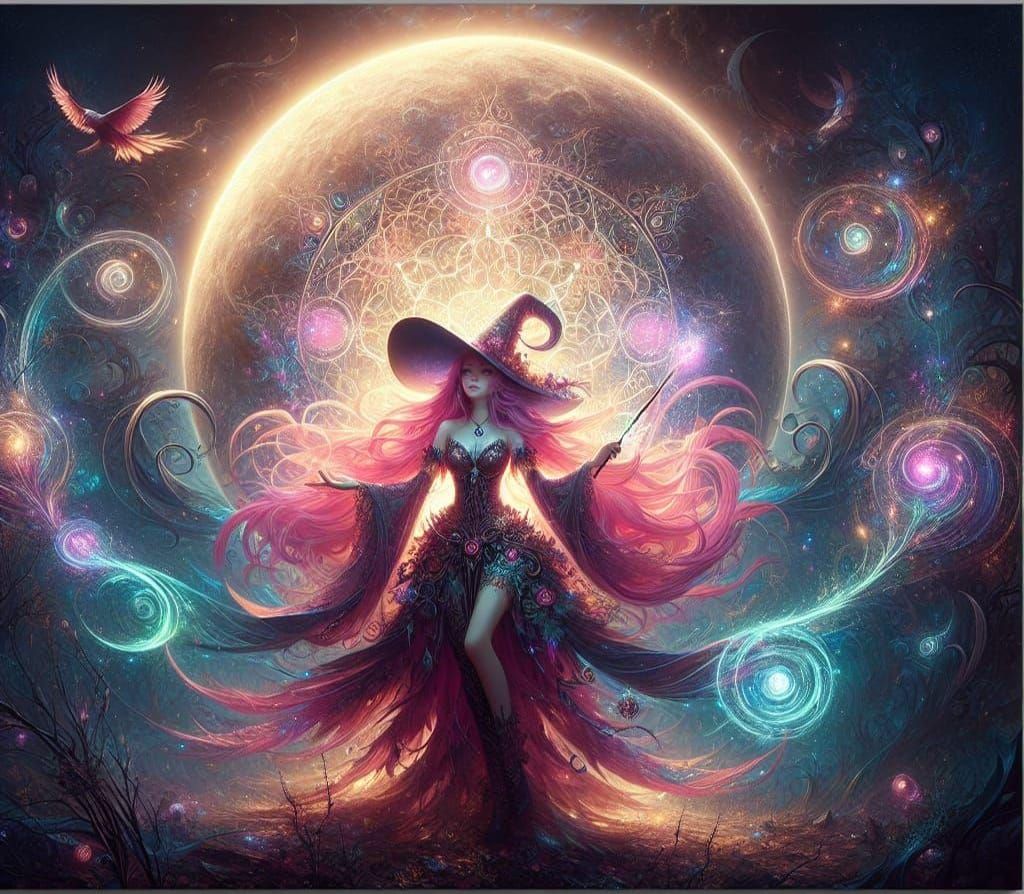 Pink-Haired Witch Casting Spells Under Moonlight