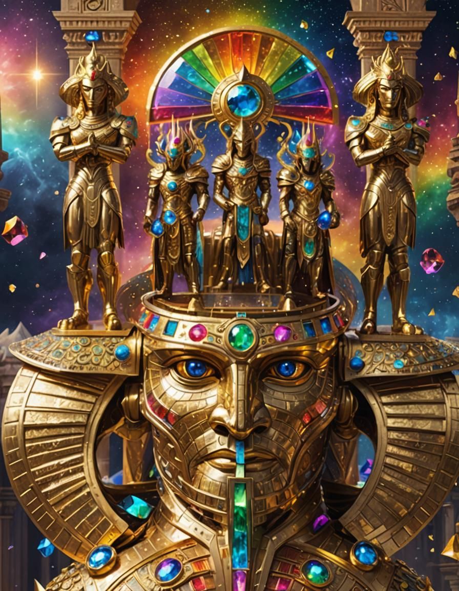 Egyptian Gods in Armored Gold Palace with Crystals