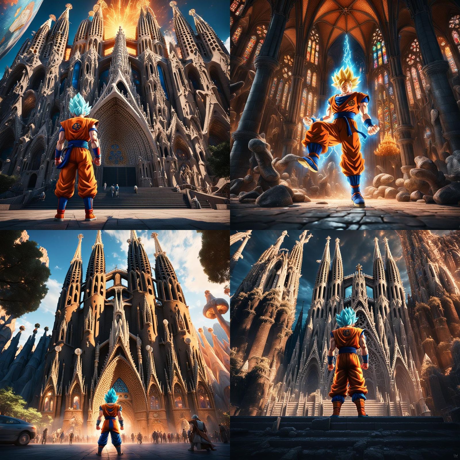 Goku pisando la cabeza a Freezer delante de la sagrada familia de barcelona