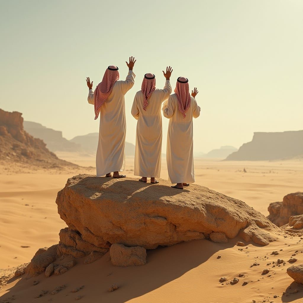 Arab Men in Spiritual Contemplation on Rocky Outcropping
