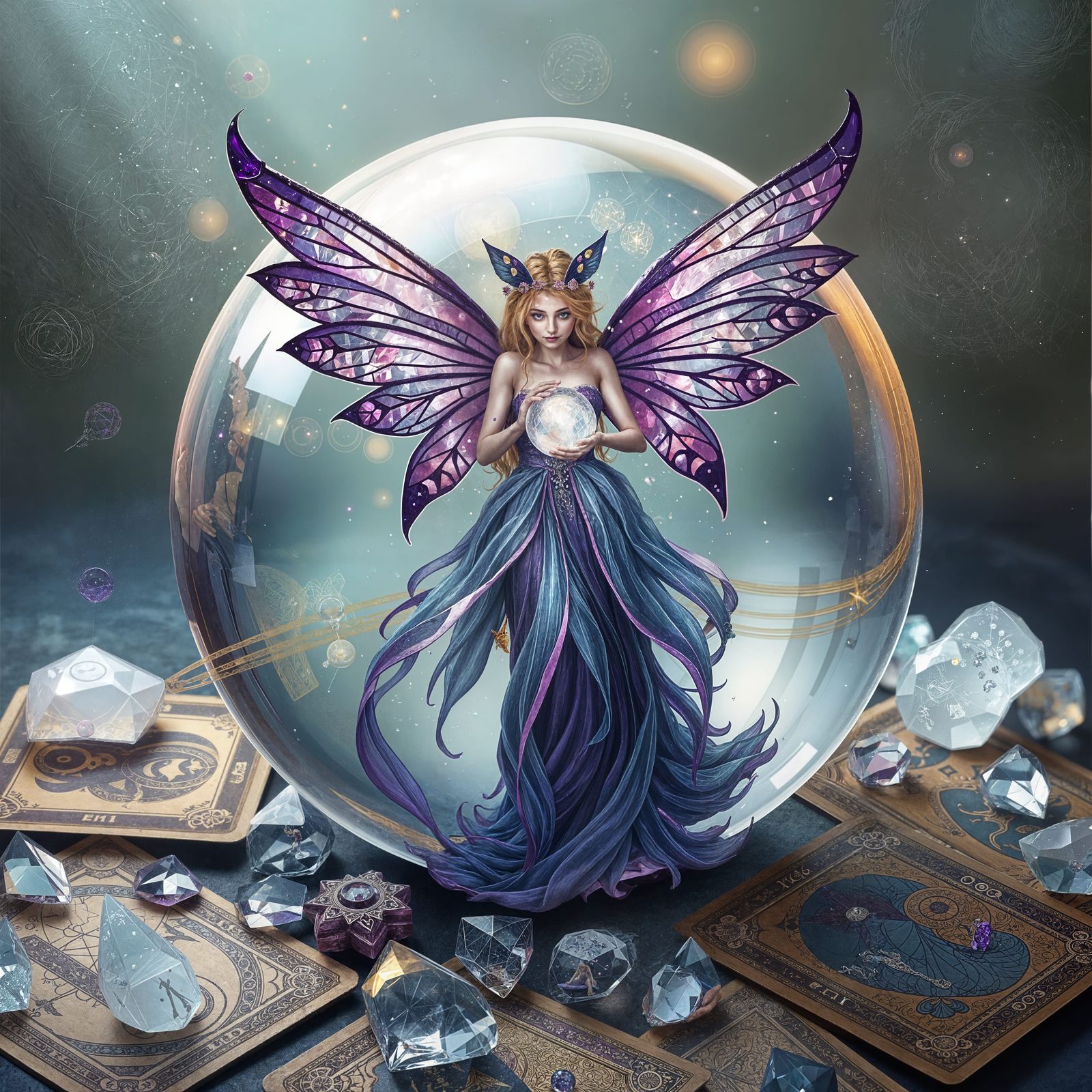 Fairy in Crystal Ball with Tarot Cards