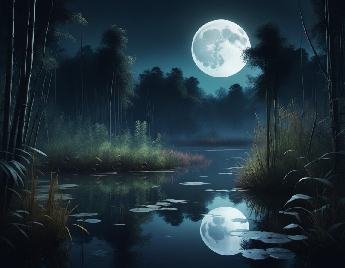 Moonlit Lake in Dark Forest, Vaporwave Concept Art
