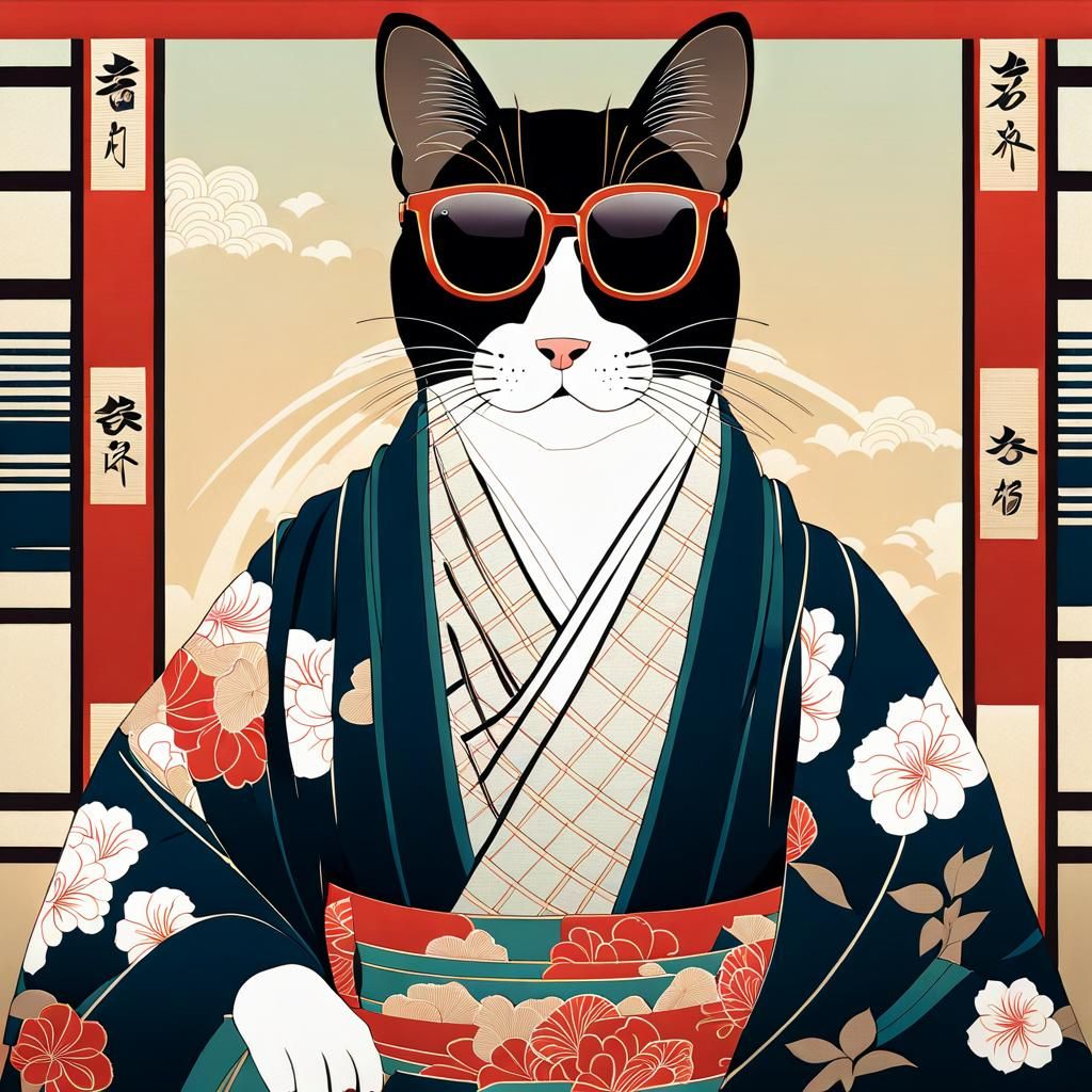 Elegant Japanese Cat in Ukiyo-e Bijin-ga Style