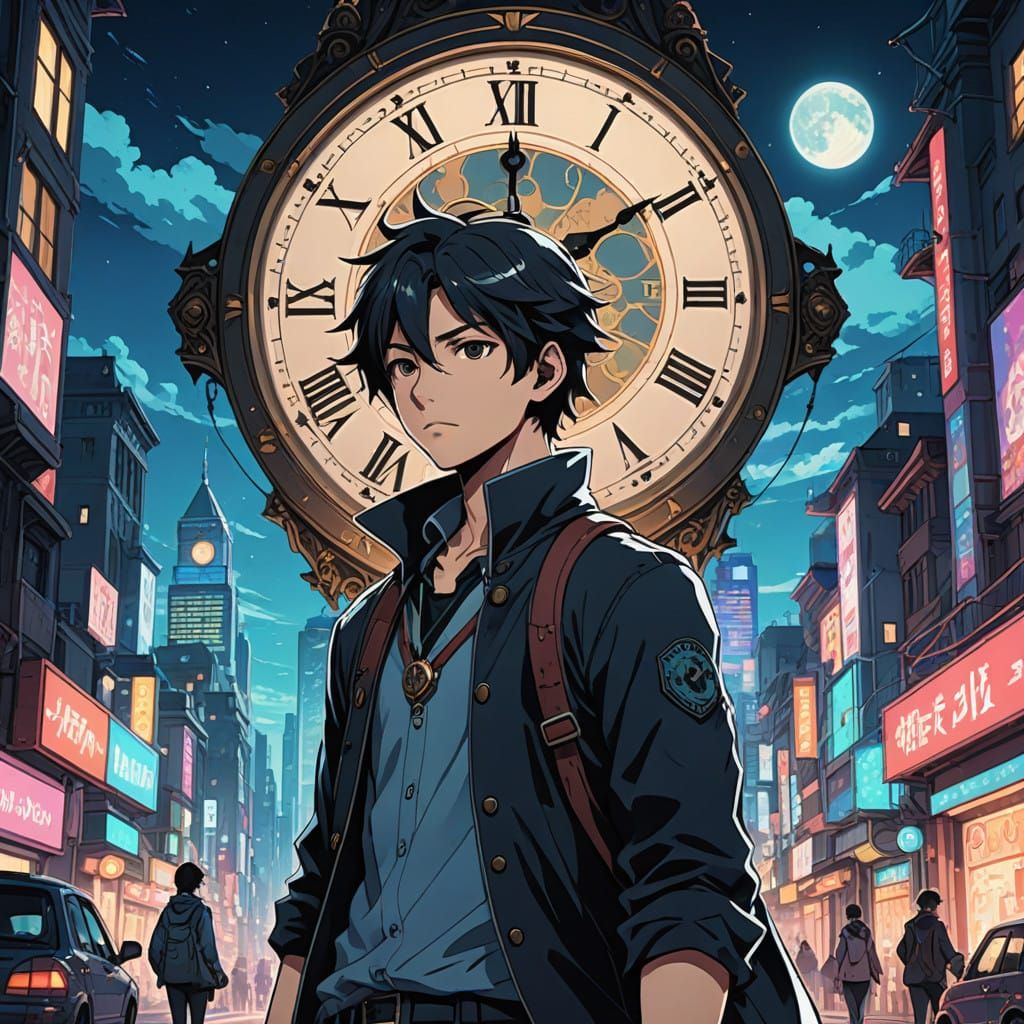 Hero Stands at Edge of Vibrant Dream Cityscape with Clock To...