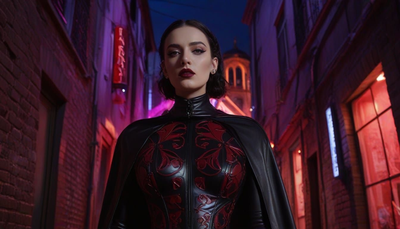 Gothic Goddess in Latex Catsuit, Neon Alleyway