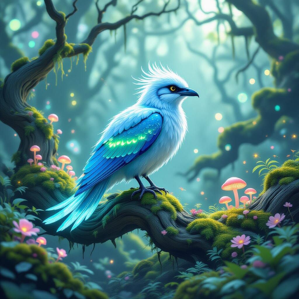 Bioluminescent Archaeopteryx in Dreamlike Fantasy Realm
