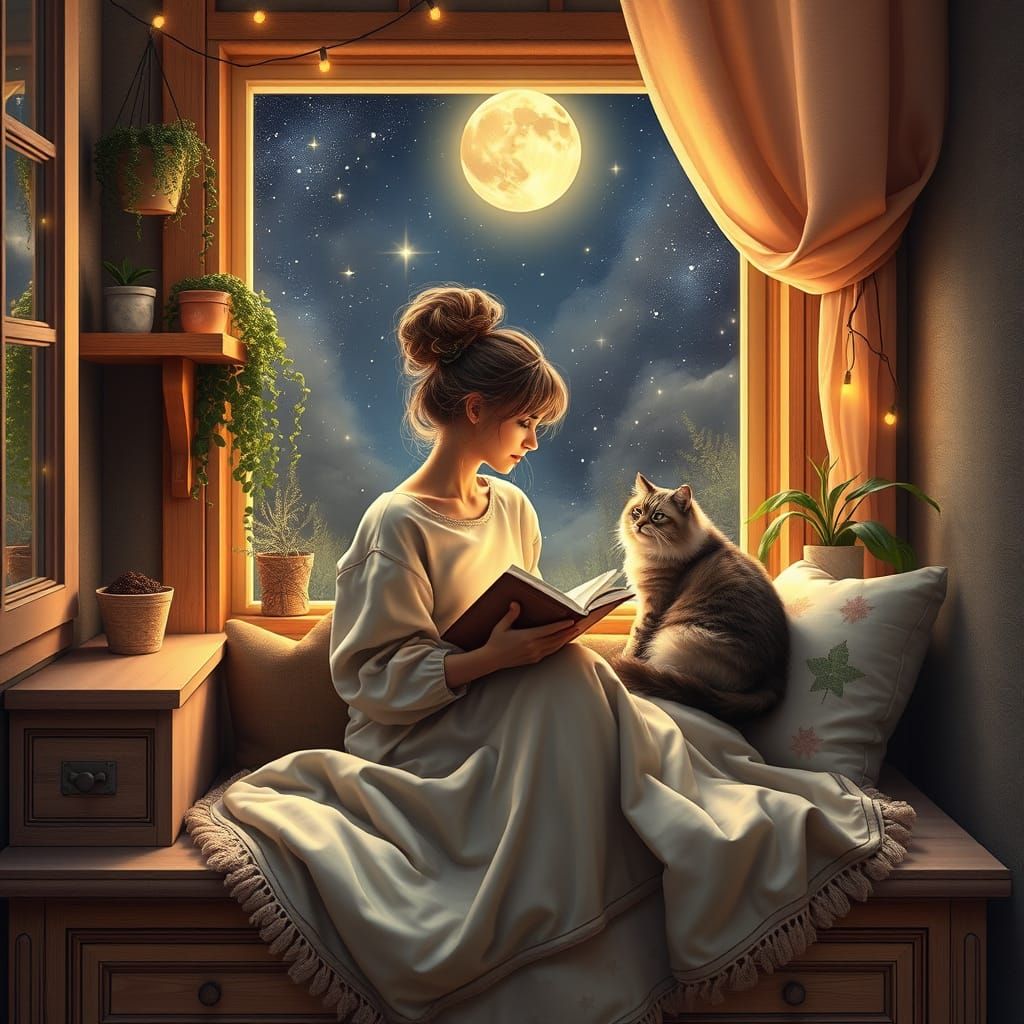 A warm and cozy reading nook in a Victorian-style house, fea...