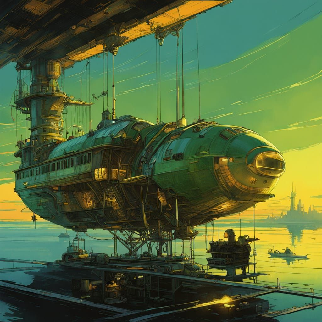 Majestic Lime Hull Steampunk Seaplane in Golden Hour