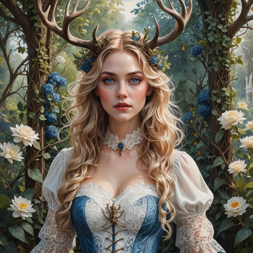 Woman with Antlers in Lush Garden Setting