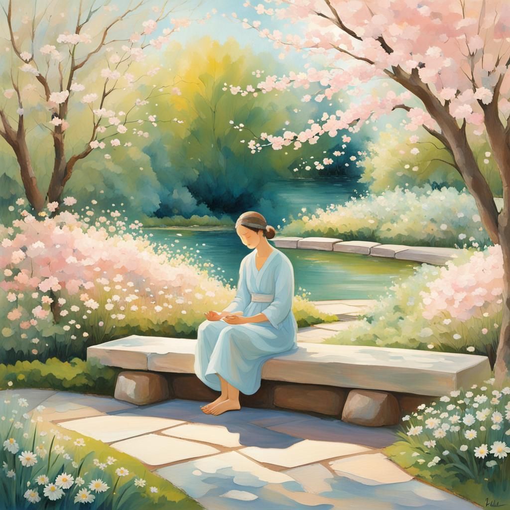 Meditating Figure in a Serene Pastel Garden
