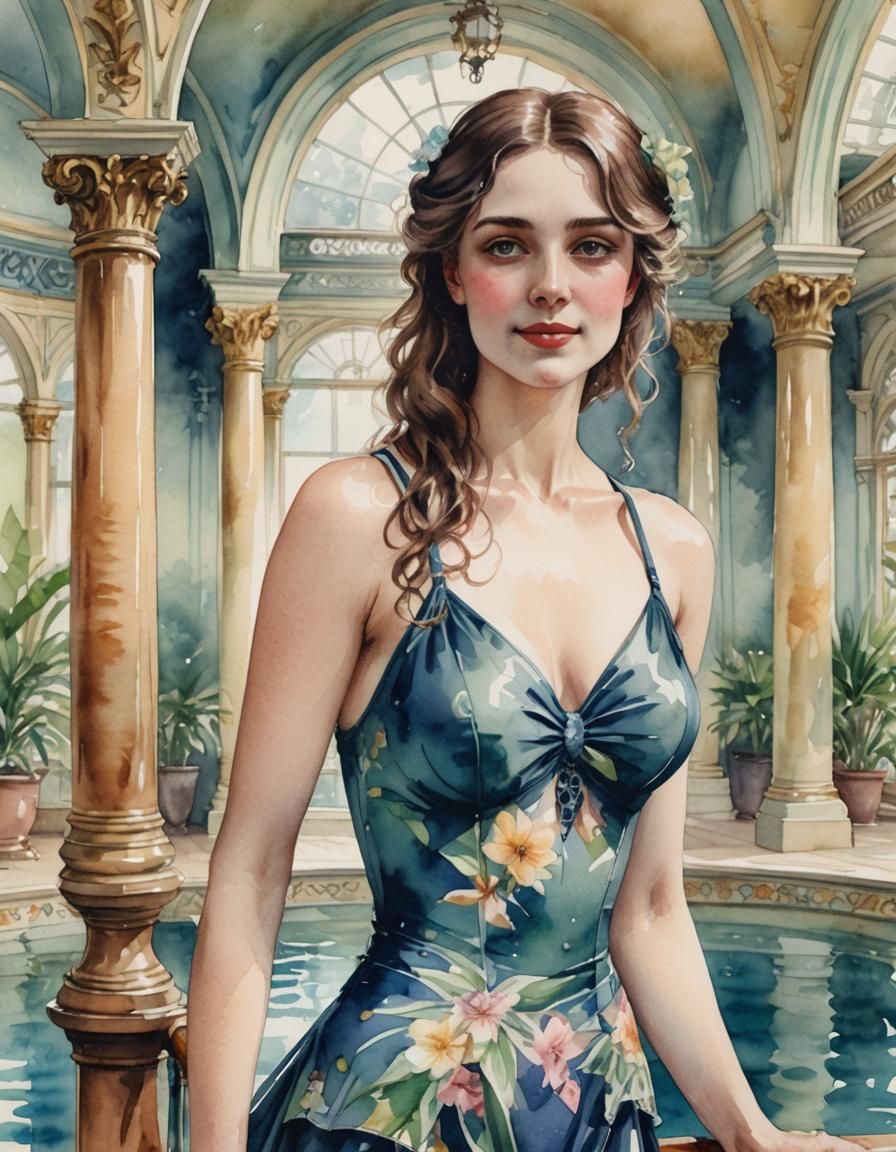 Victorian Woman at Indoor Pool, Watercolor Portrait