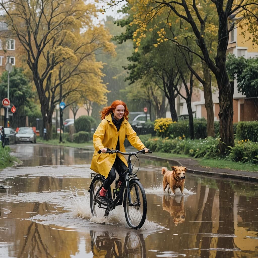 Girl and Dog Bicycle Ride Through Puddle
