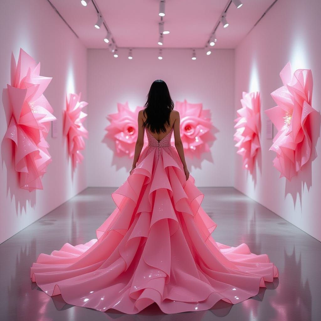 Woman in Pink Glass Dress in Surreal Art Gallery