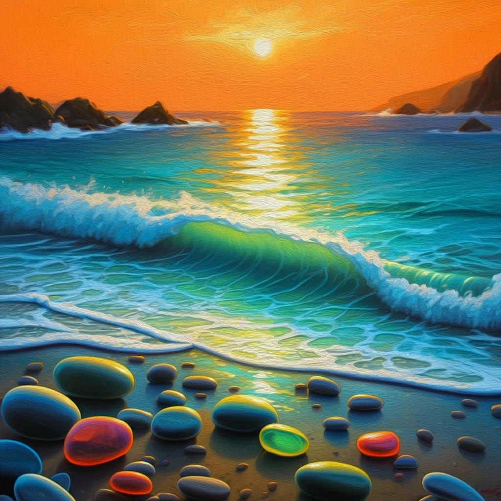 Neon Pebbles Light Up Impressionistic Beach Waves