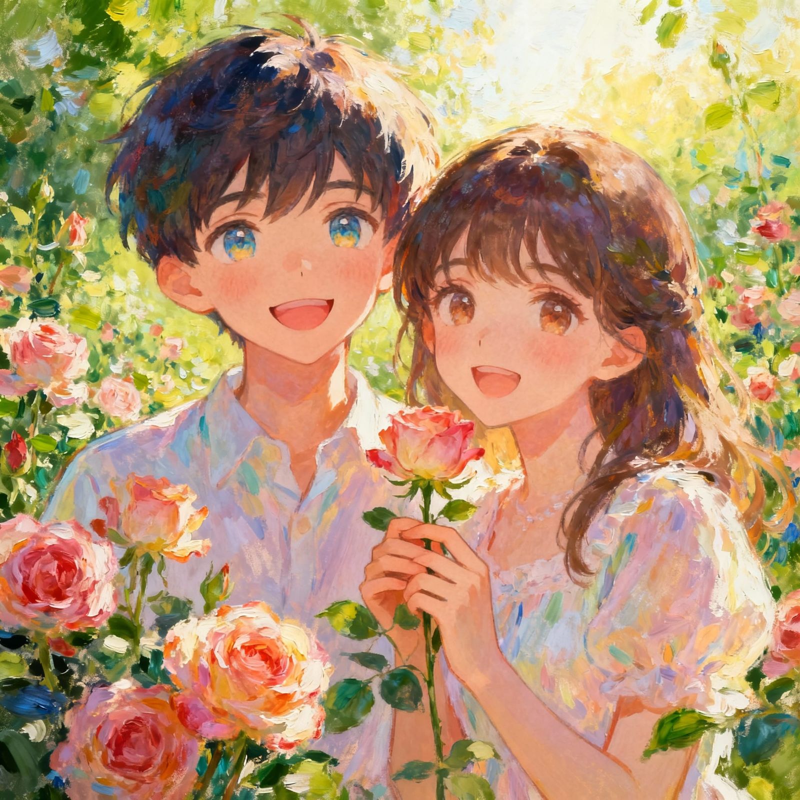 Innocent Boy and Girl in Radiant Rose Garden