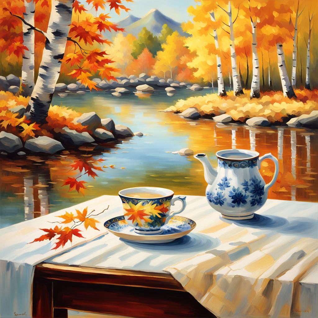 Autumn Tea Cup in Impressionist Style