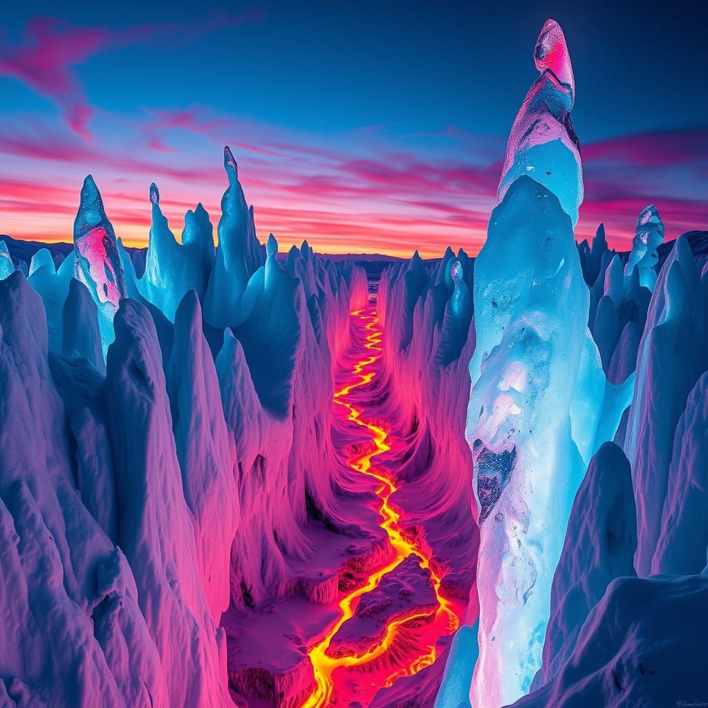 Ethereal Glacial Realm Unfolds in Fiery Twilight