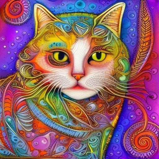 Cat Painting with Zentangle Designs and Marbled Background