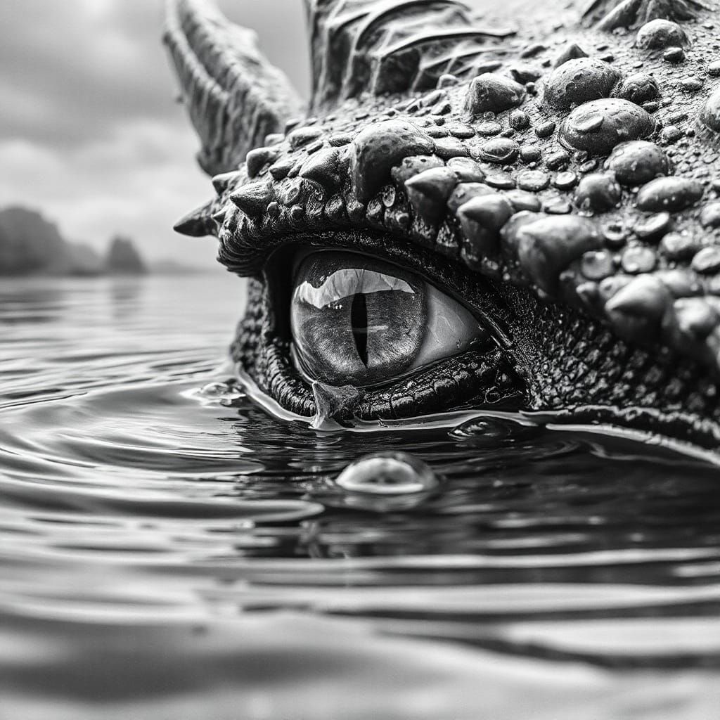 A hyperrealistic  pencil drawing of a dragon's eye, partially submerged in rippling water.