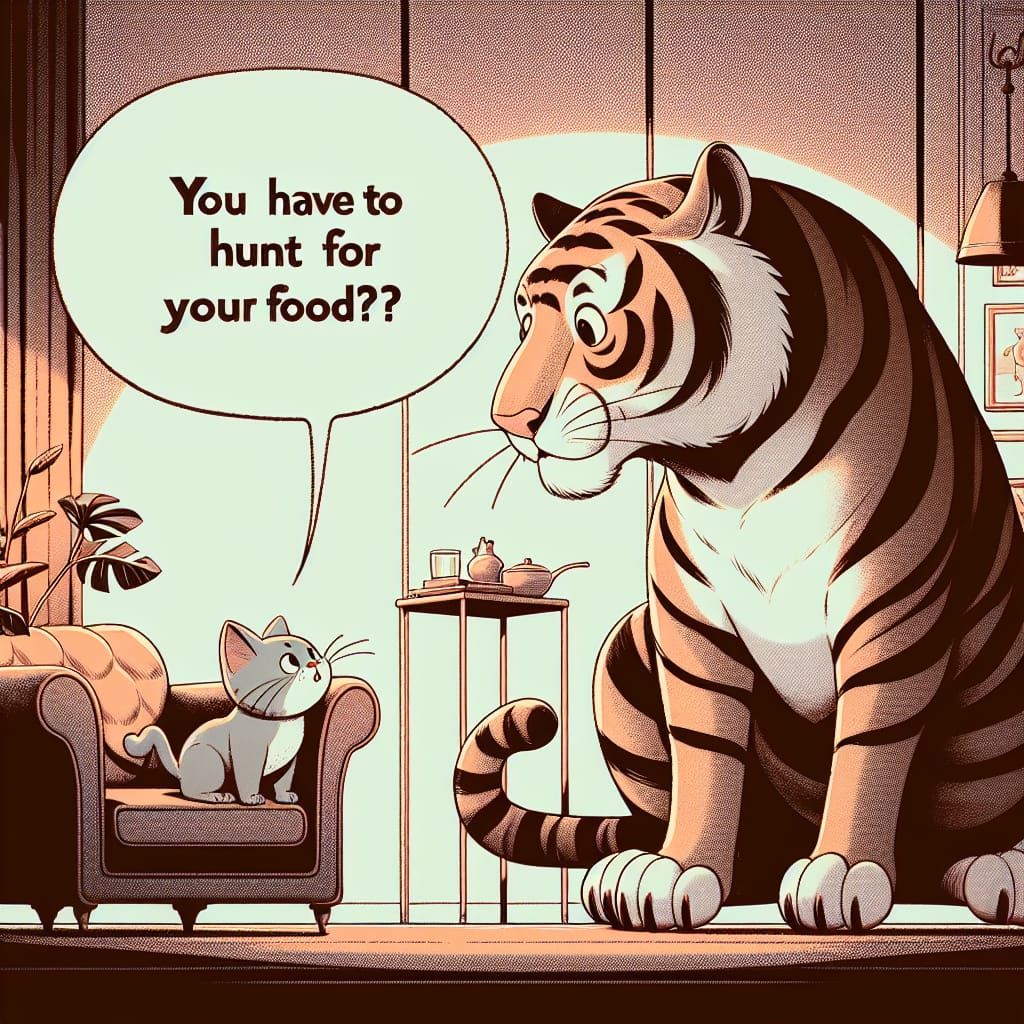 Curious Cat Asks Tiger About Hunting in Cartoon