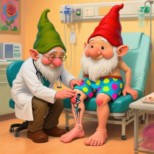 Gnome with Knock Knees Examined by Doctor