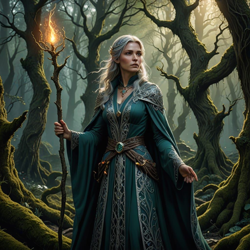 Enchanting Sorceress with Glowing Staff in Ancient Forest